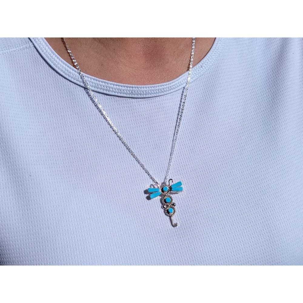 Zuni Turquoise Dragonfly Pendant Necklace Signed J. Neha‎ Mariner Chain 21.5"**